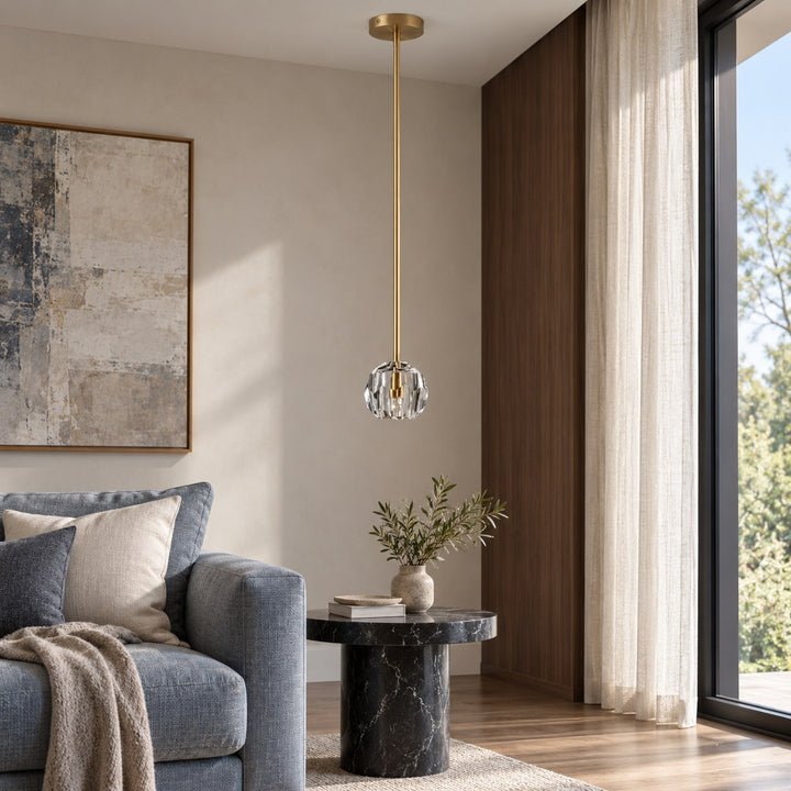Modern K10 Crystal Pendant Light with Natural Brass – G9 LED, Rod or Cord Suspension