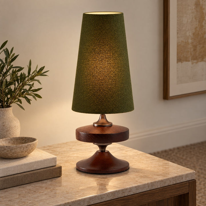 Modern Table Lamp with Tapered Fabric Shade and Walnut Wood Base Dimmable Plug-in Design