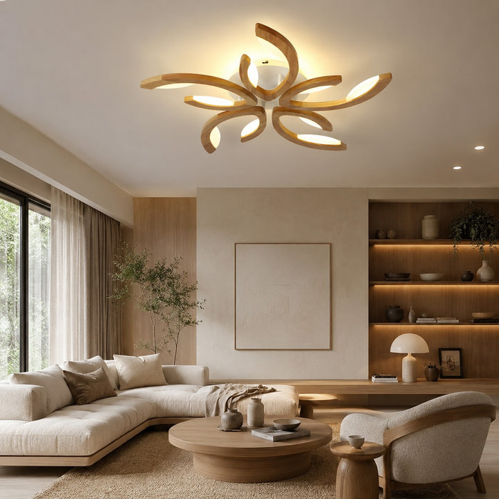 Modern Leaf Flush Mount Ceiling Light Natural Oak Wood Acrylic LED Dimmable 3-5 Light Options