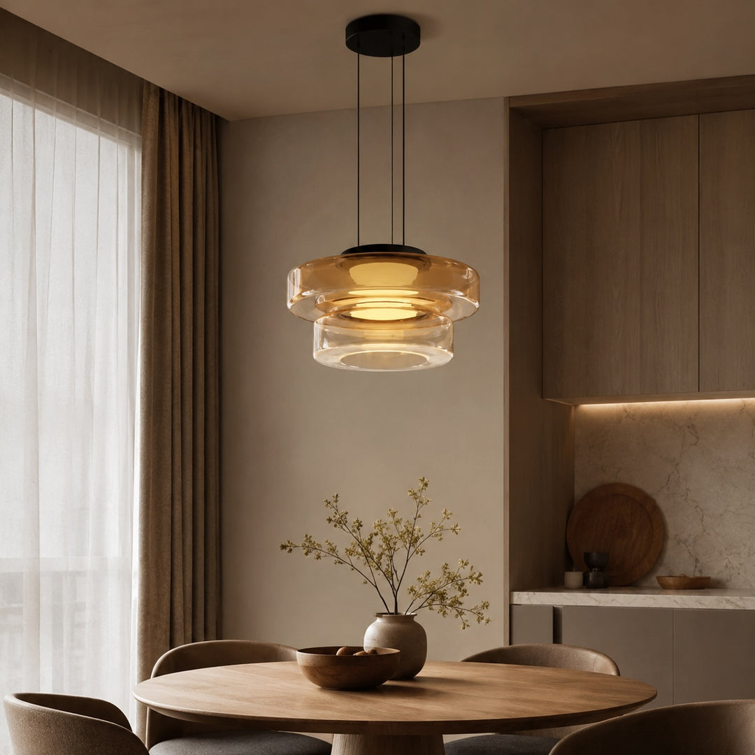 Modern Glass Pendant Light Hanging Fixture with Adjustable Height Dimmable LED and Iron Finish