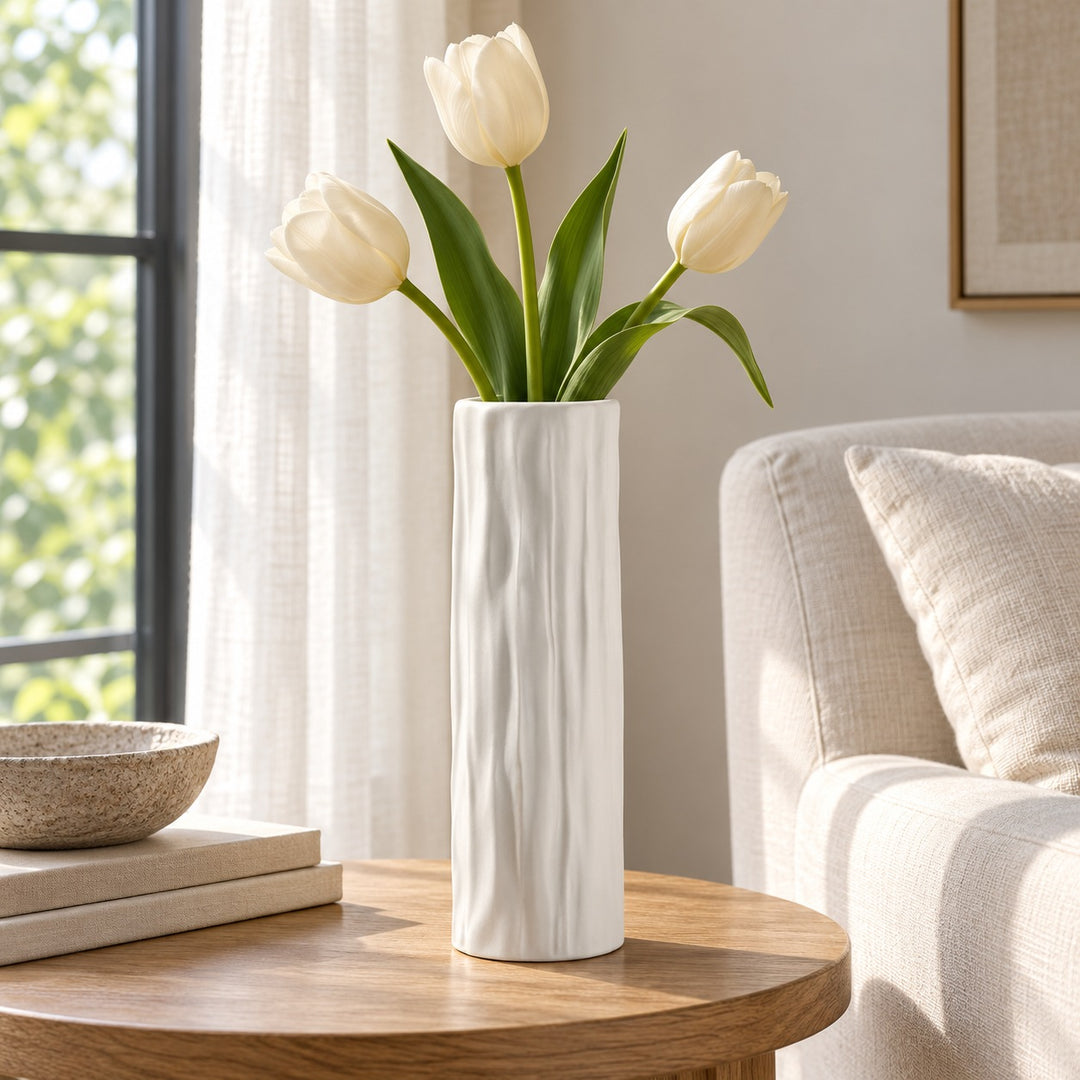 Modern Tall Ceramic Vase Cylinder White Textured Bark-Effect 40 cm for Dried Arrangements