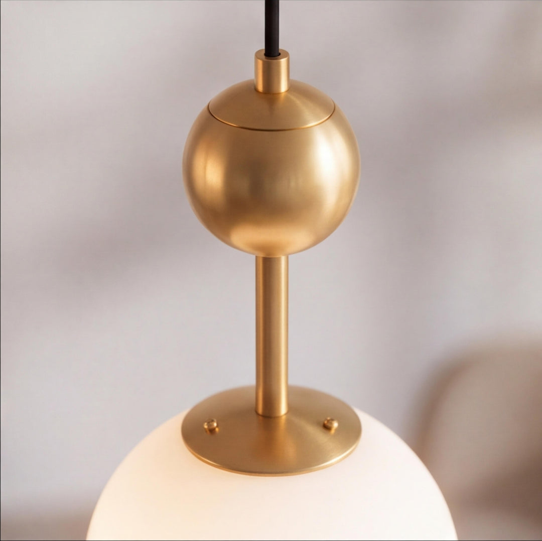 Modern Brass Globe Pendant Light with White Glass Shade – E14 Hanging Light