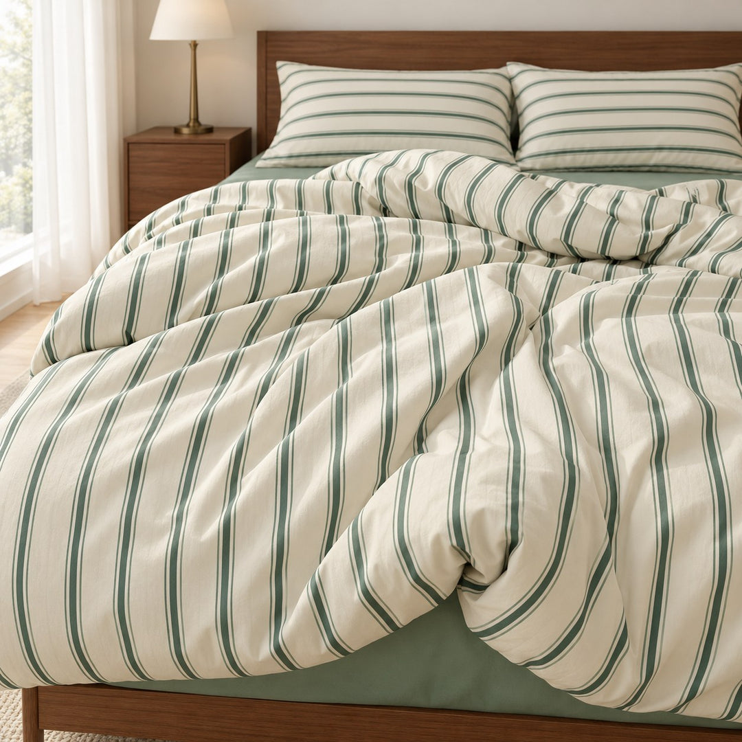 Minimalist Bedding Set Green Striped Duvet Cover Polyester Lightweight Soft Comfortable