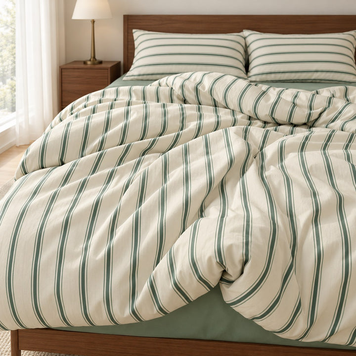 Minimalist Bedding Set Green Striped Duvet Cover Polyester Lightweight Soft Comfortable