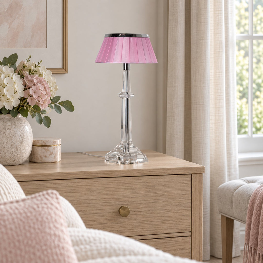 Modern Table Lamp Adjustable Height LED Edge Lighting Chrome Fabric Shade K9 Crystal Base