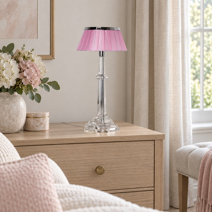 Modern Table Lamp Adjustable Height LED Edge Lighting Chrome Fabric Shade K9 Crystal Base