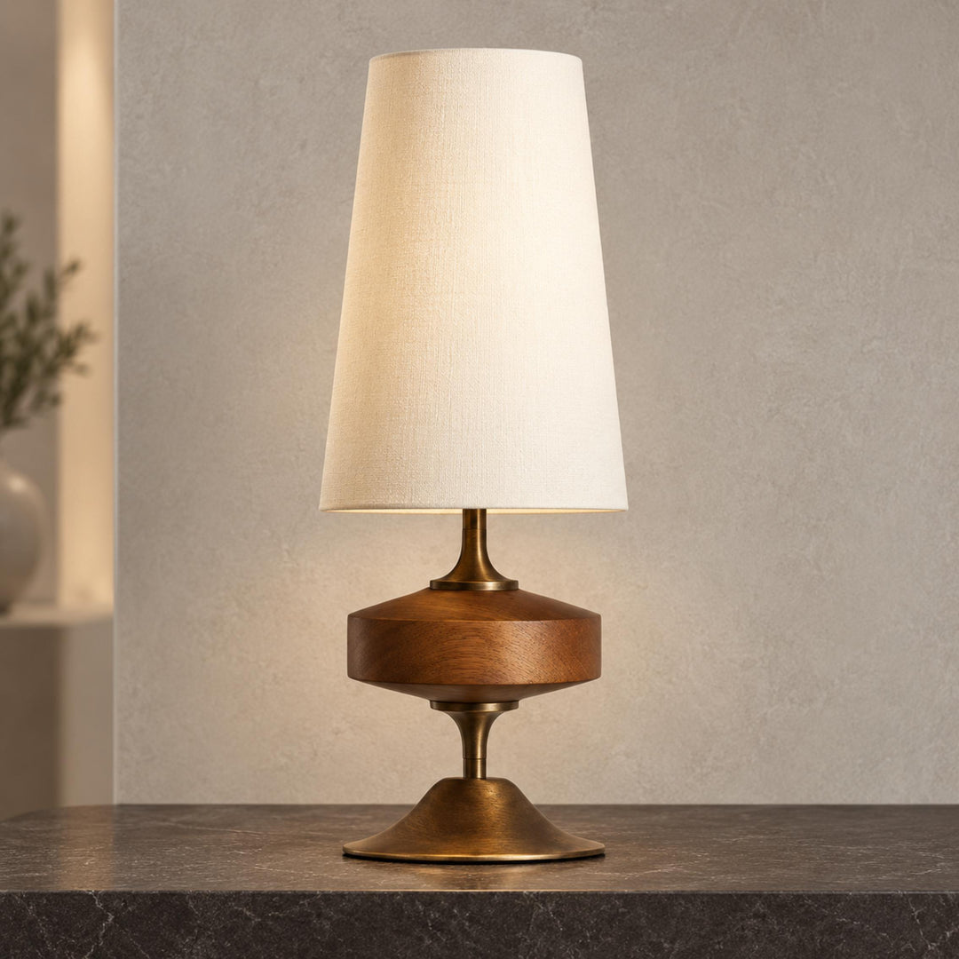Modern Table Lamp with Tapered Fabric Shade and Walnut Wood Base Dimmable Plug-in Design