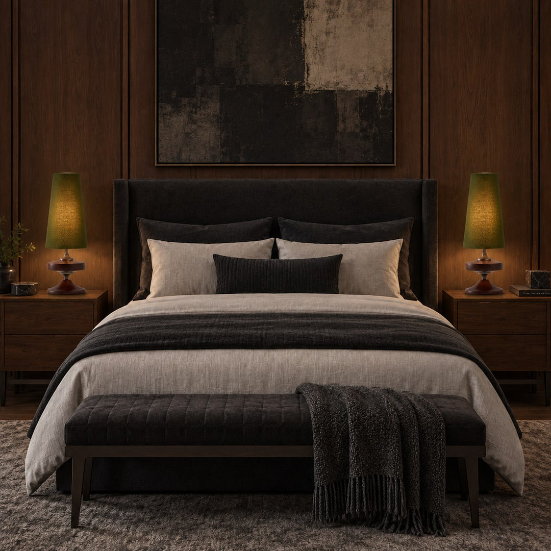 Modern Table Lamp with Tapered Fabric Shade and Walnut Wood Base Dimmable Plug-in Design