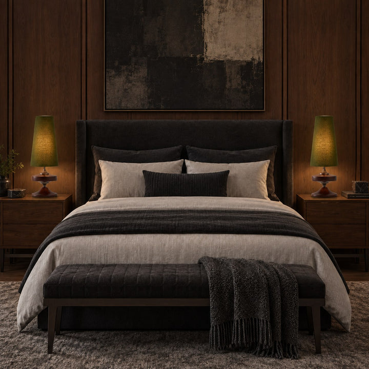 Modern Table Lamp with Tapered Fabric Shade and Walnut Wood Base Dimmable Plug-in Design