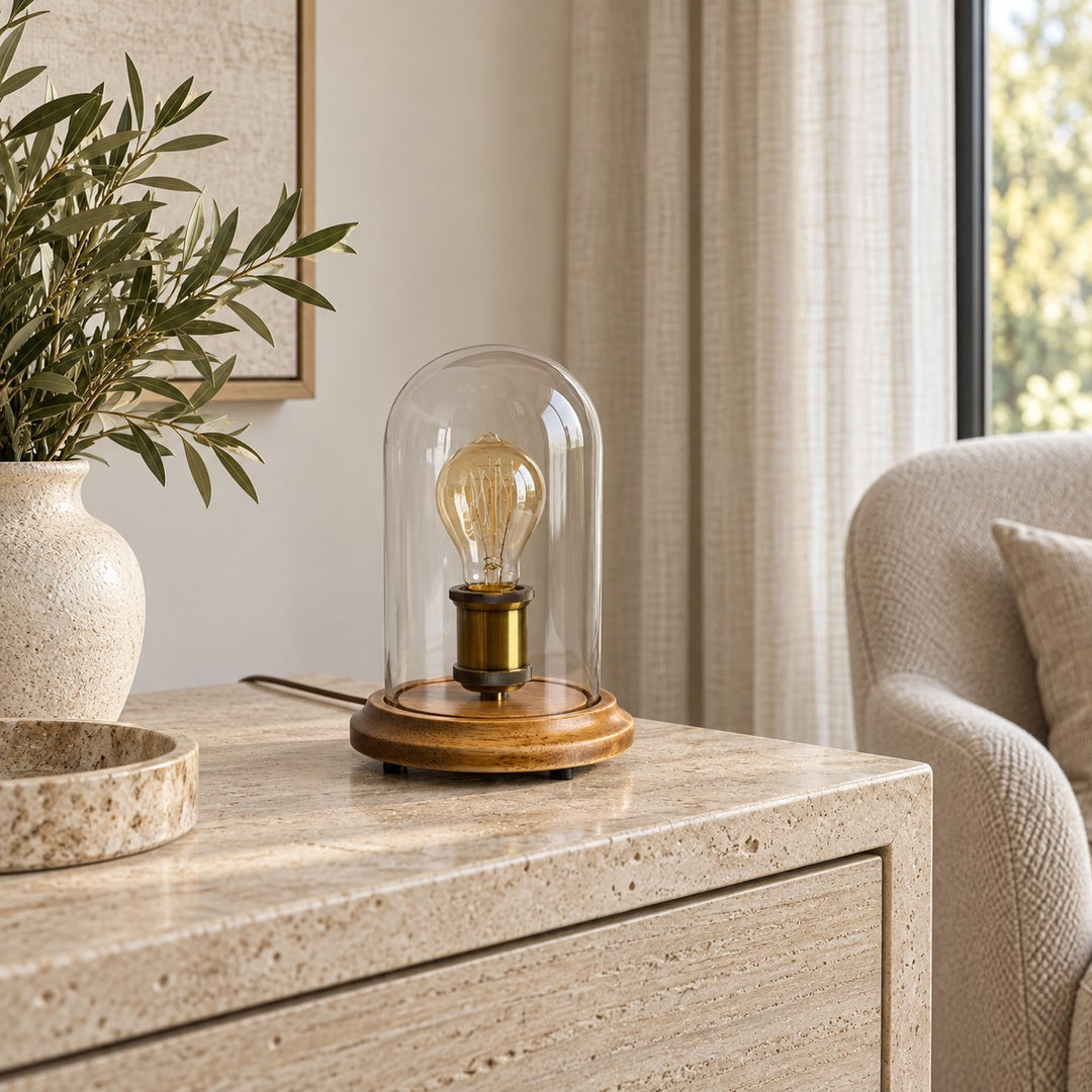 Modern Table Lamp with Glass Dome and Solid Wood Base for Bedroom and Nightstand Use