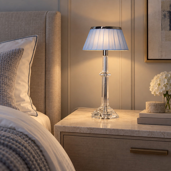 Modern Table Lamp Adjustable Height LED Edge Lighting Chrome Fabric Shade K9 Crystal Base
