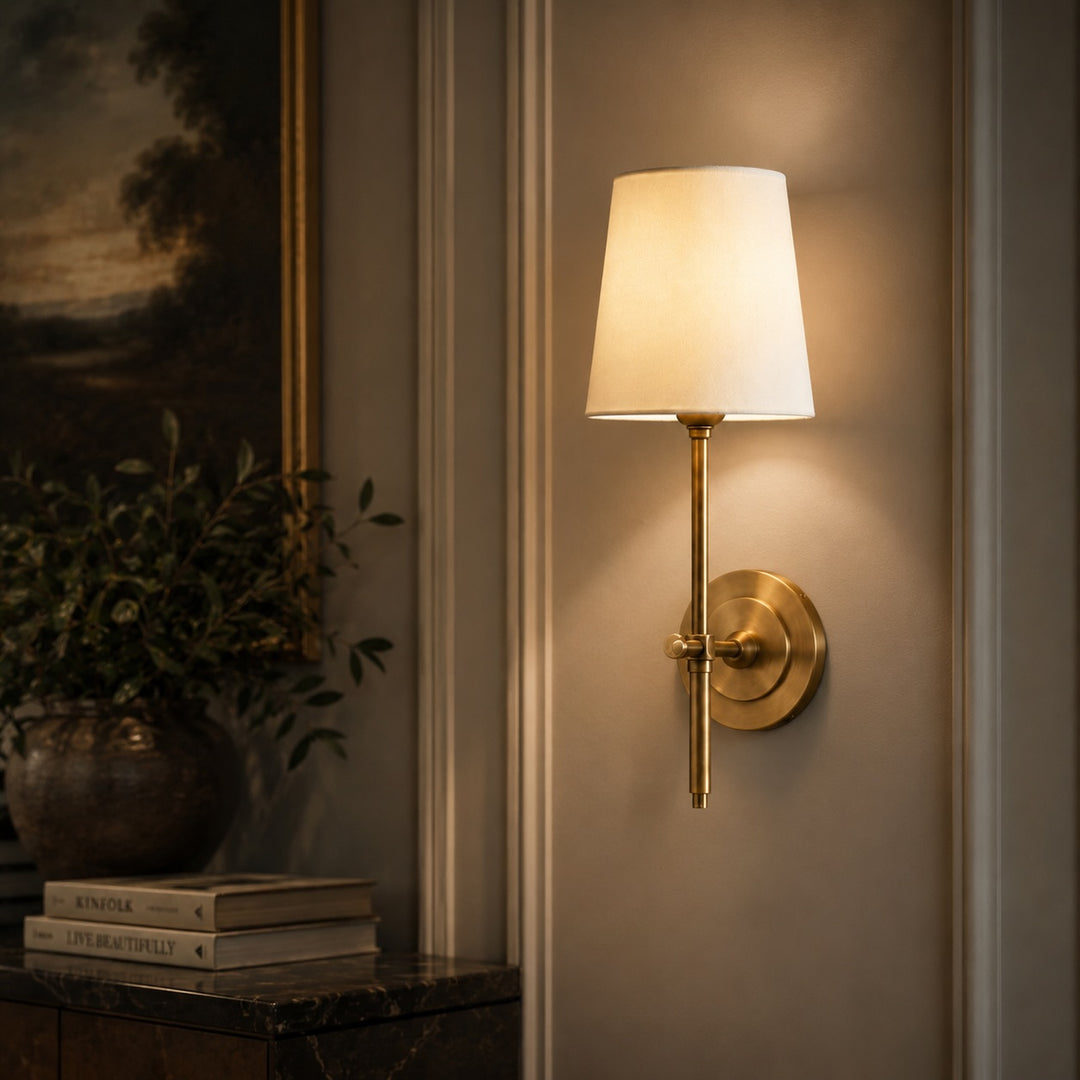 Modern Brass Wall Sconce Wall Mounted Tapered Fabric Shade LED Compatible Indoor Light