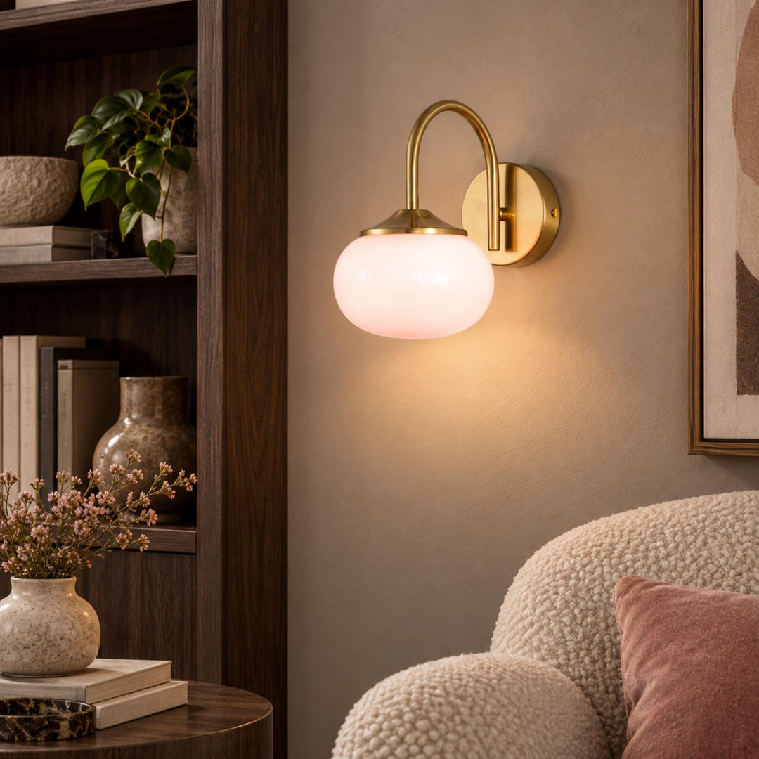 Modern Wall Light Copper Fixture with Pink Glass Shade for Indoor LED Bulbs