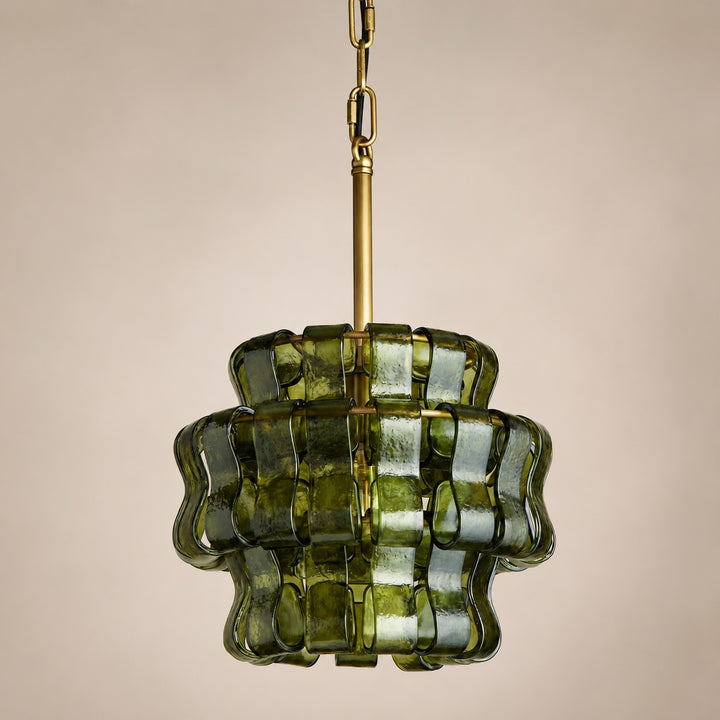 Modern Green Tiered Glass Pendant Light Hanging Brass Fixture Adjustable Height for Dining Room Kitchen Island