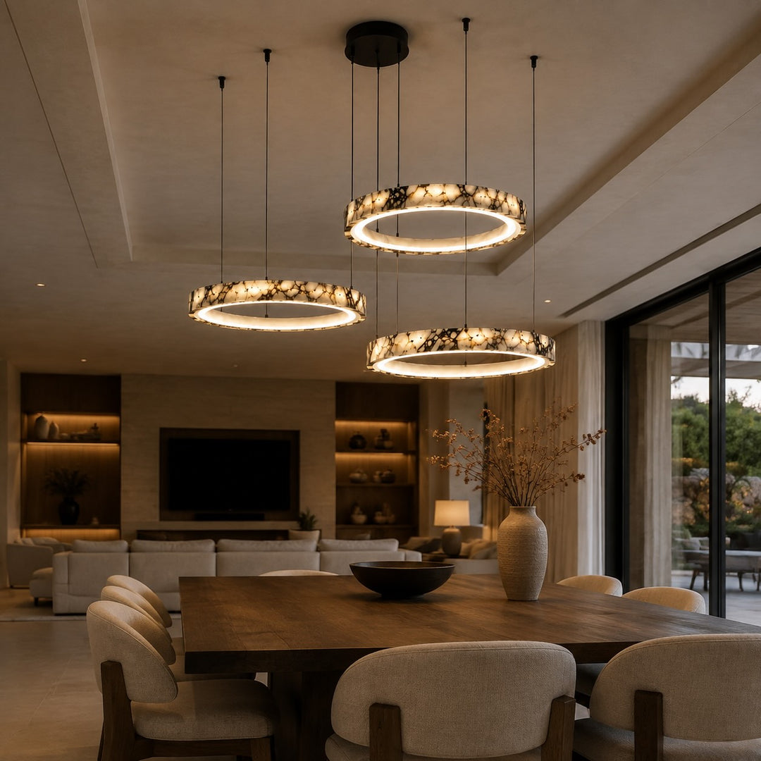 Modern Multi Ring Chandelier Pendant Light Adjustable Natural Marble Integrated LED Illumination
