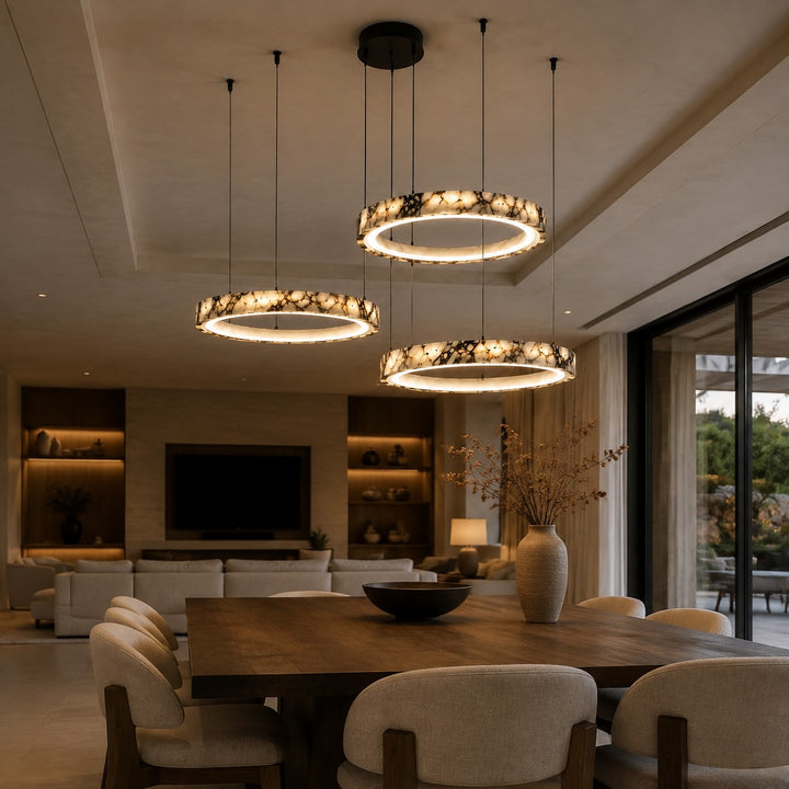 Modern Multi Ring Chandelier Pendant Light Adjustable Natural Marble Integrated LED Illumination