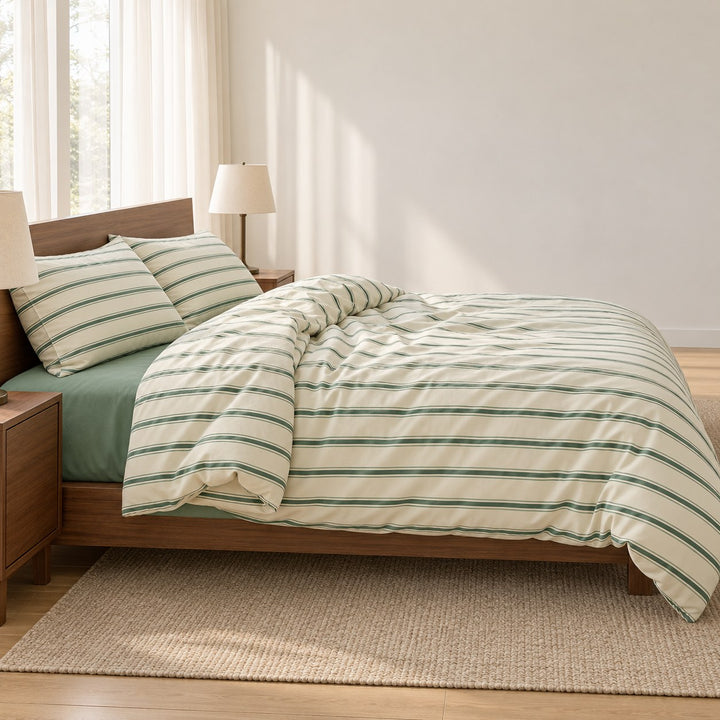 Minimalist Bedding Set Green Striped Duvet Cover Polyester Lightweight Soft Comfortable