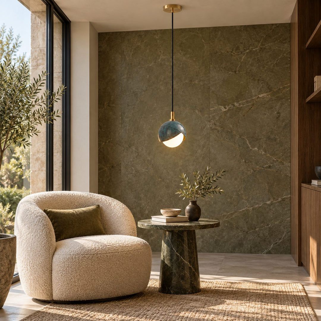 Modern Deep Sea Blue Glass Globe Pendant Light with Brass – G9 Ceiling Light