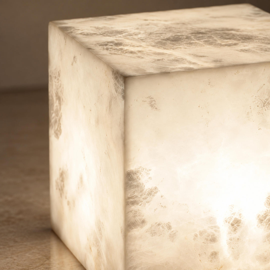Modern Alabaster Table Lamp Cube Design LED Light for Bedroom or Desk Use
