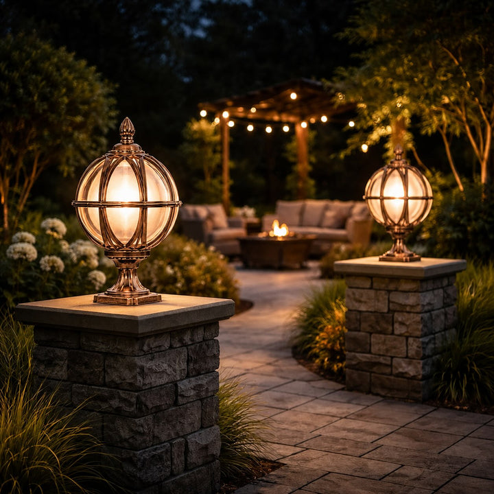 Modern Round Globe Outdoor Fence Post Light Waterproof Aluminum and Glass Adjustable Height