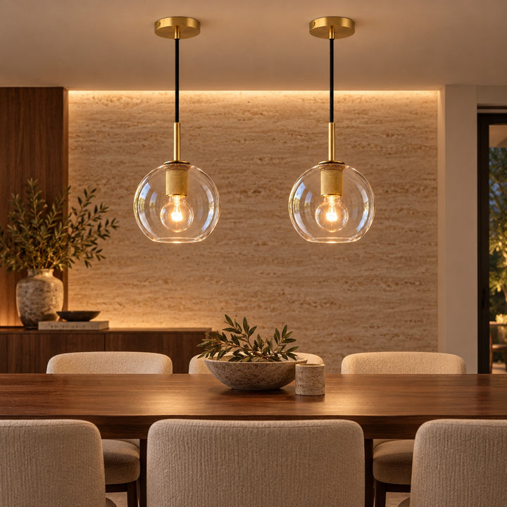 Modern Clear Glass Globe Pendant Light with Brass Finish – E27 Ceiling Light
