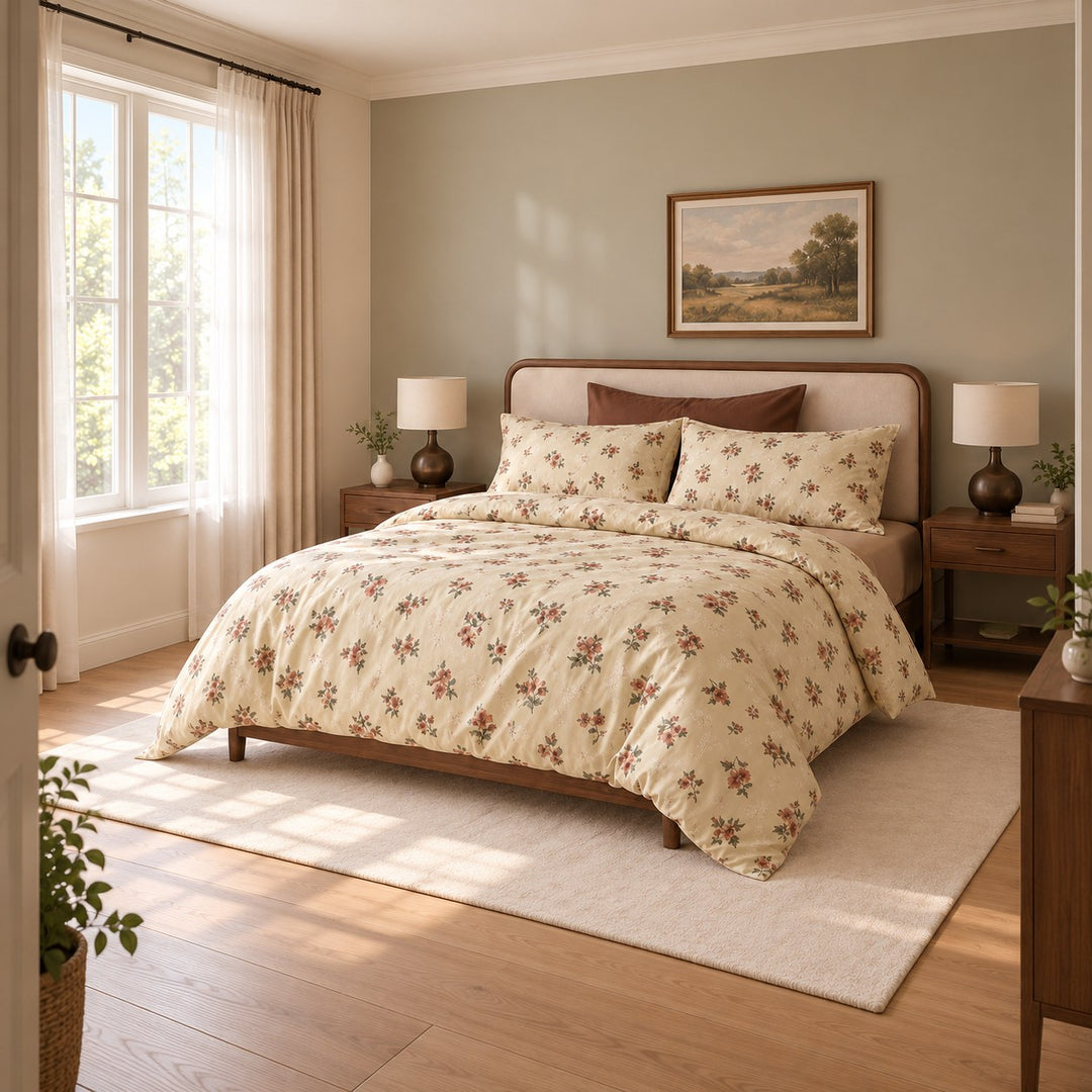 Vintage Floral Bedding Set Duvet Cover and Pillowcases Washed Cotton Breathable Durable