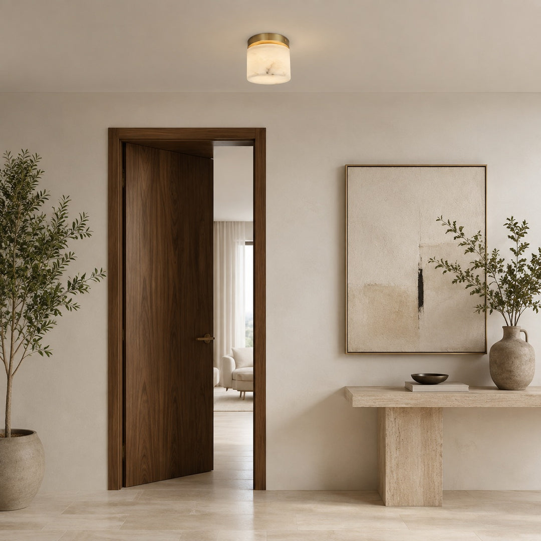 Natural Alabaster Flush Mount Ceiling Light – Modern Brass Finish