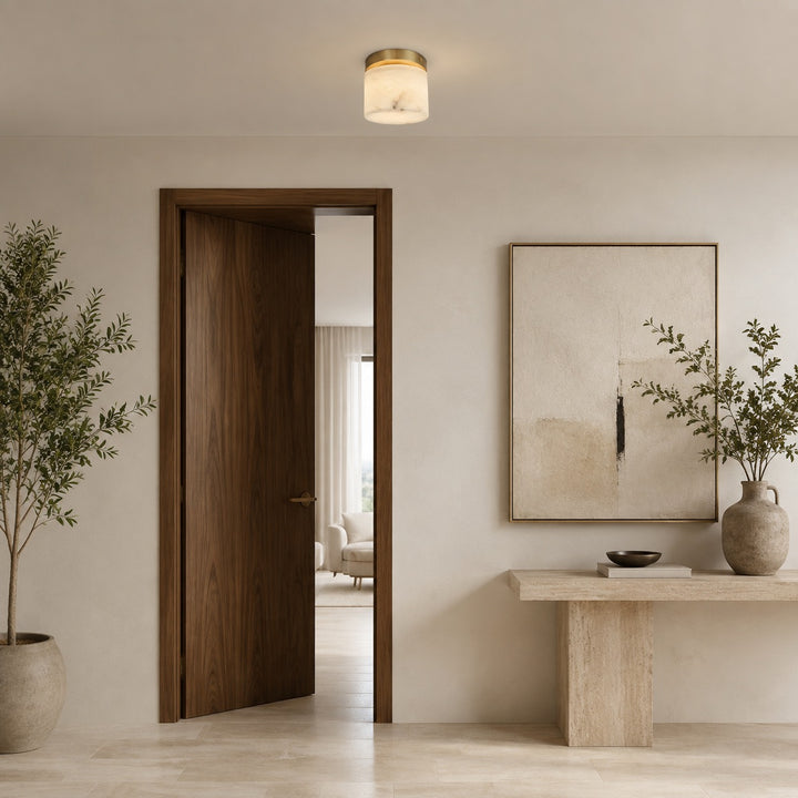 Natural Alabaster Flush Mount Ceiling Light – Modern Brass Finish