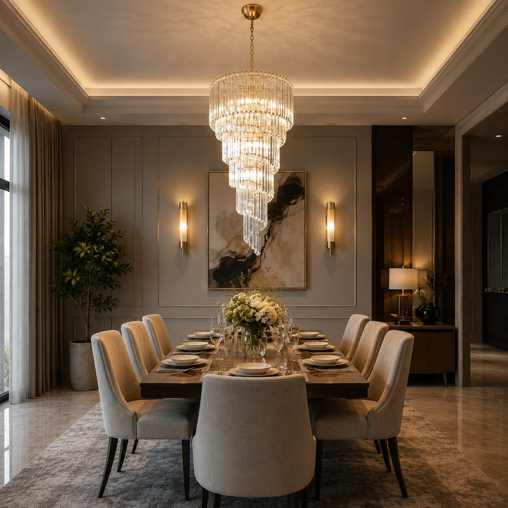 Modern Chandelier Clear Glass Hanging Light Fixture Adjustable Height Dimmable Illumination