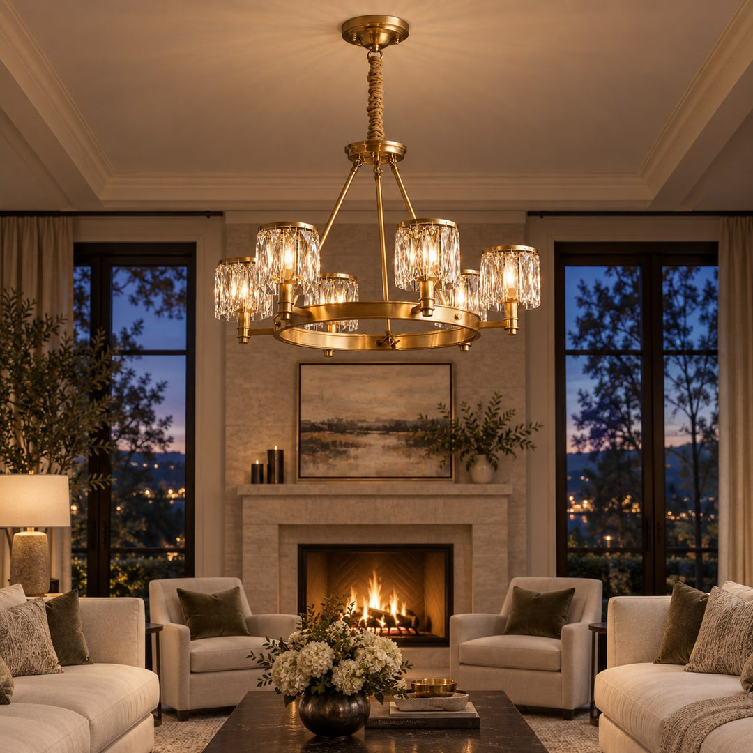 Modern Crystal Chandelier Adjustable Hanging Brass 6 or 8 Light E12 LED Fixture