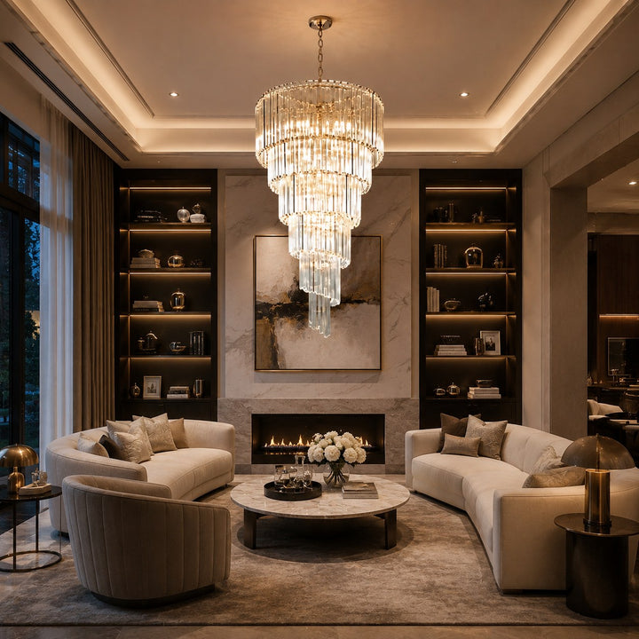 Modern Chandelier Clear Glass Hanging Light Fixture Adjustable Height Dimmable Illumination