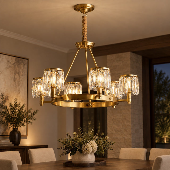 Modern Crystal Chandelier Adjustable Hanging Brass 6 or 8 Light E12 LED Fixture