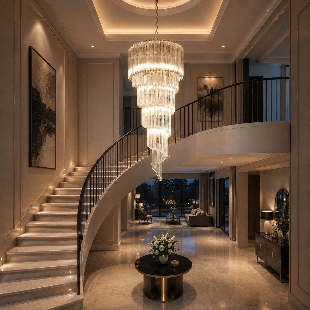Modern Chandelier Clear Glass Hanging Light Fixture Adjustable Height Dimmable Illumination