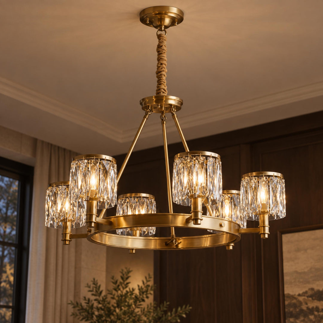 Modern Crystal Chandelier Adjustable Hanging Brass 6 or 8 Light E12 LED Fixture