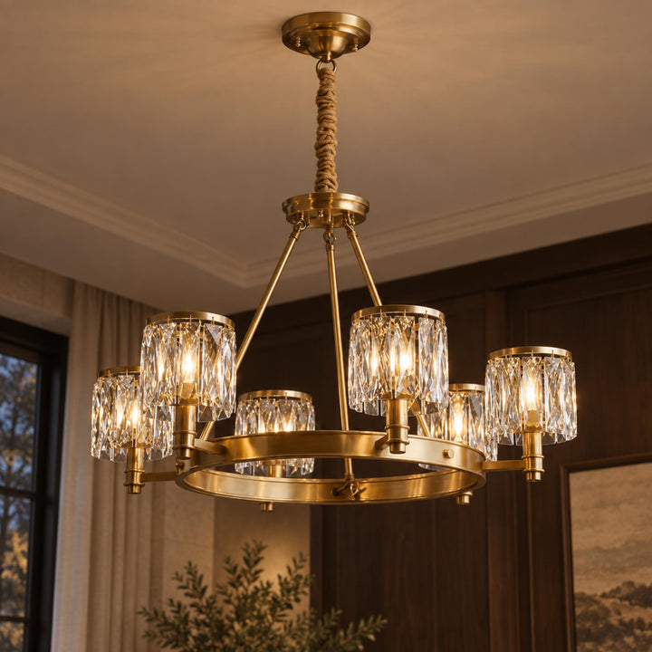 Modern Crystal Chandelier Adjustable Hanging Brass 6 or 8 Light E12 LED Fixture
