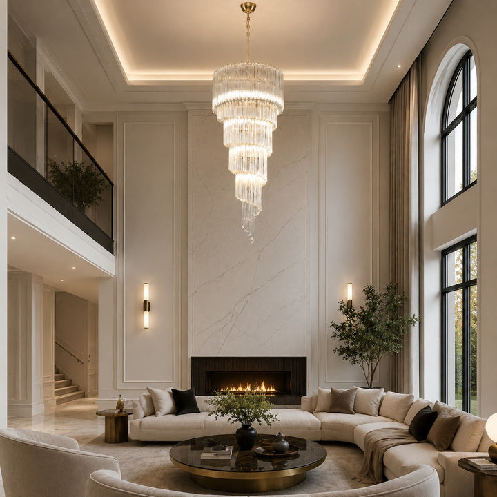 Modern Chandelier Clear Glass Hanging Light Fixture Adjustable Height Dimmable Illumination