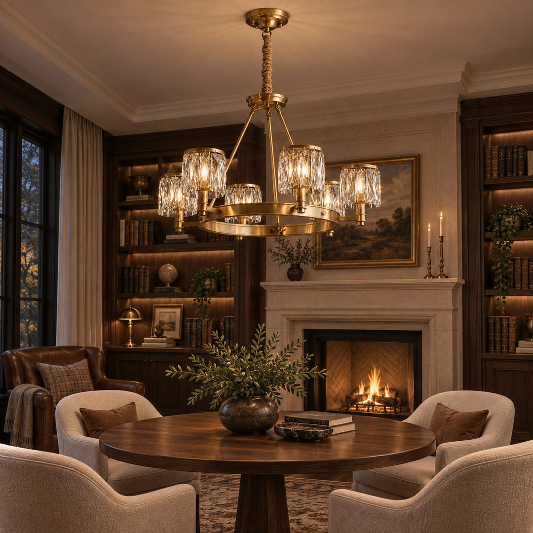 Modern Crystal Chandelier Adjustable Hanging Brass 6 or 8 Light E12 LED Fixture