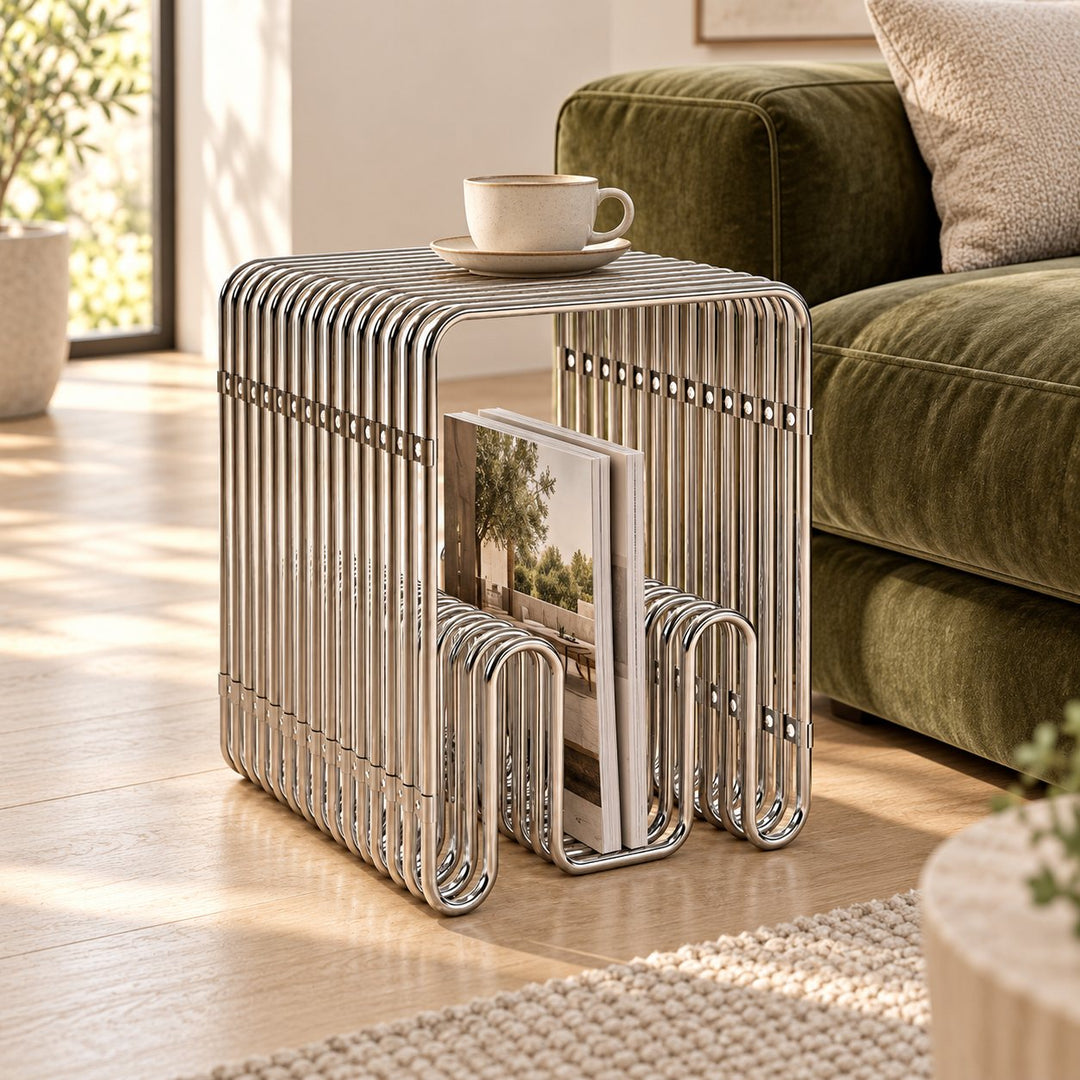 Modern Stainless Steel Side Table with Magazine Holder Space-Saving Design for Living Room and Bedroom