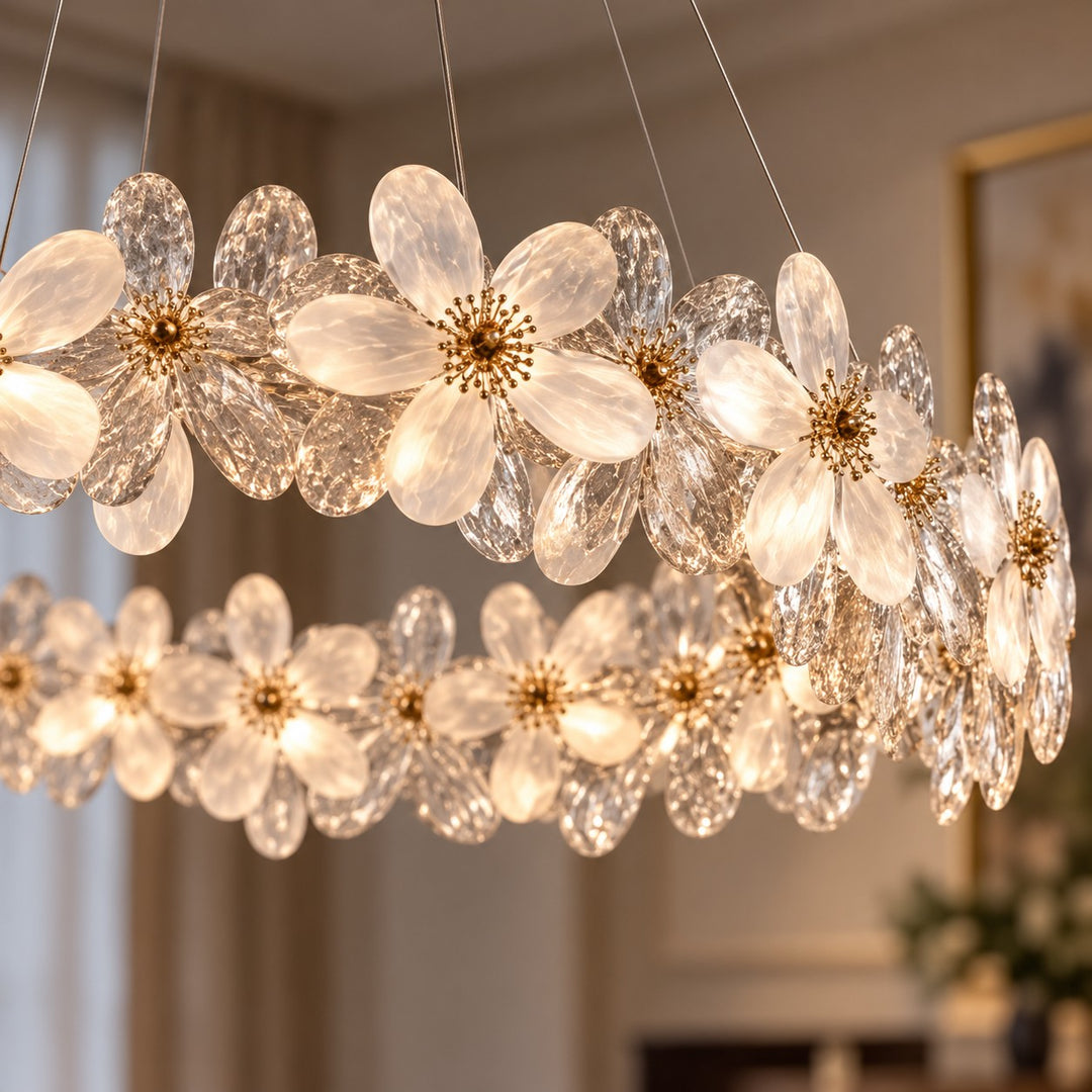Modern Crystal Chandelier Adjustable Height K9 Crystal LED Hanging Light Fixture with Three Color Temperatures