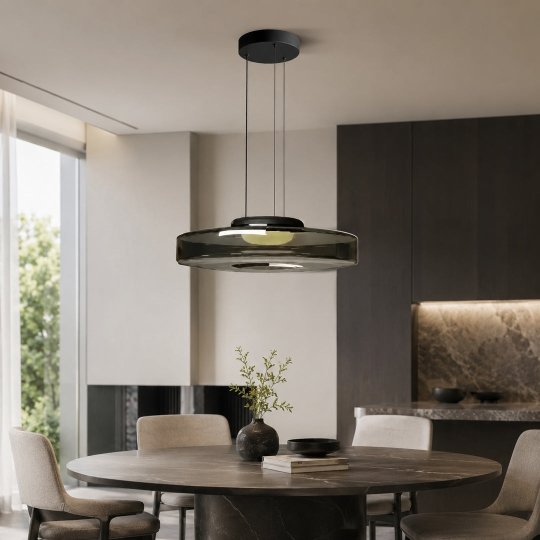 Modern Glass Pendant Light Hanging Fixture with Adjustable Height Dimmable LED and Iron Finish