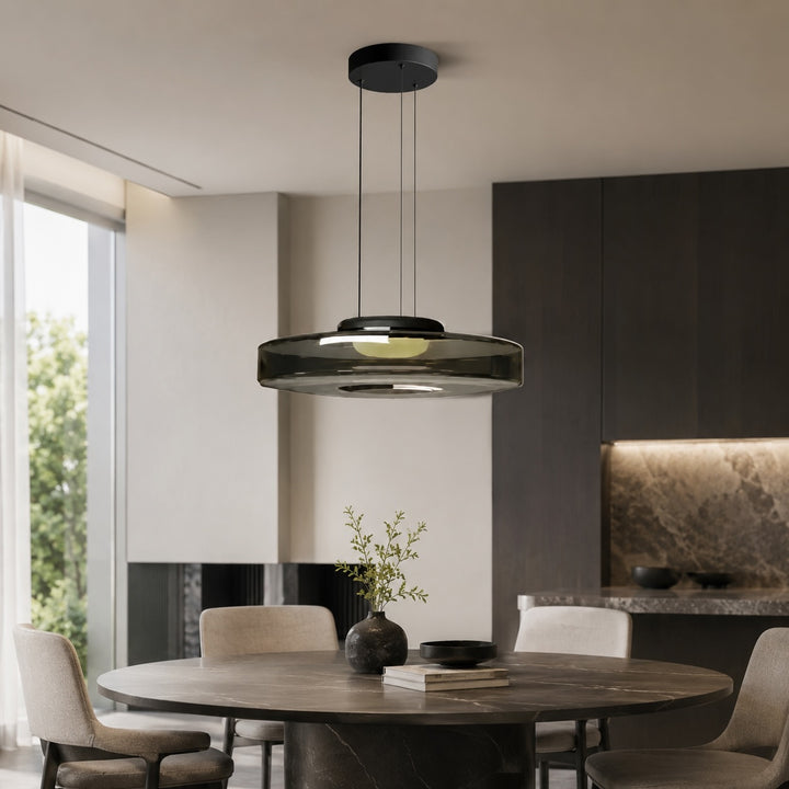 Modern Glass Pendant Light Hanging Fixture with Adjustable Height Dimmable LED and Iron Finish