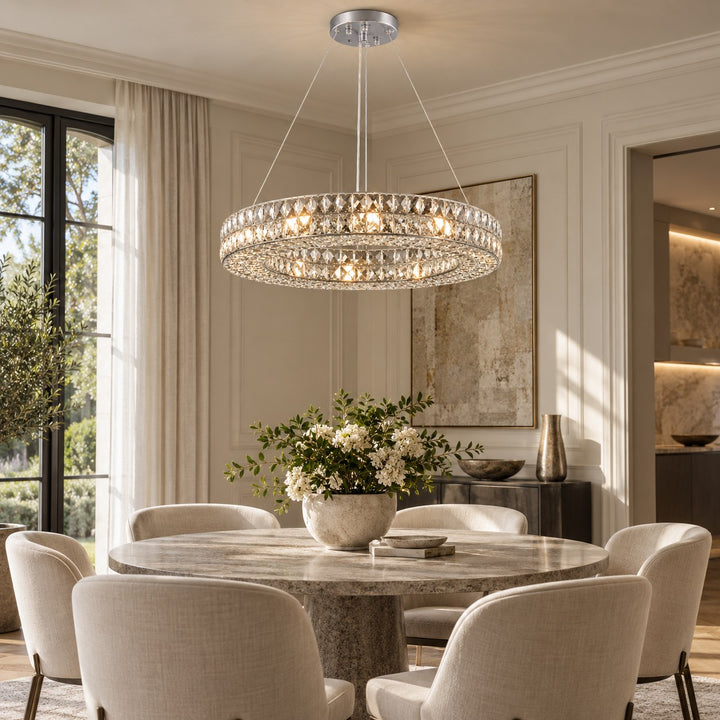 Modern Crystal Chandelier Adjustable Height Gold Metal Frame LED Lighting 9 to 16 Lights