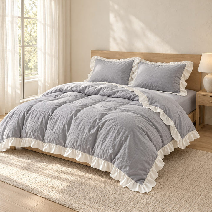 Modern Crumpled Ruffle Bedding Set Duvet Cover and Flat Sheet Polyester Soft Texture