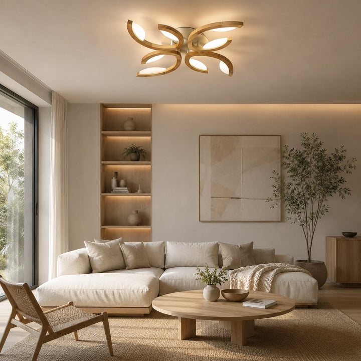 Modern Leaf Flush Mount Ceiling Light Natural Oak Wood Acrylic LED Dimmable 3-5 Light Options