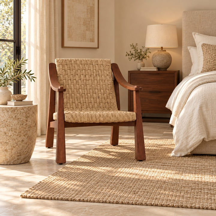 Modern Accent Chair with Woven Seagrass Seat and Ash Wood Frame for Living Room Decor
