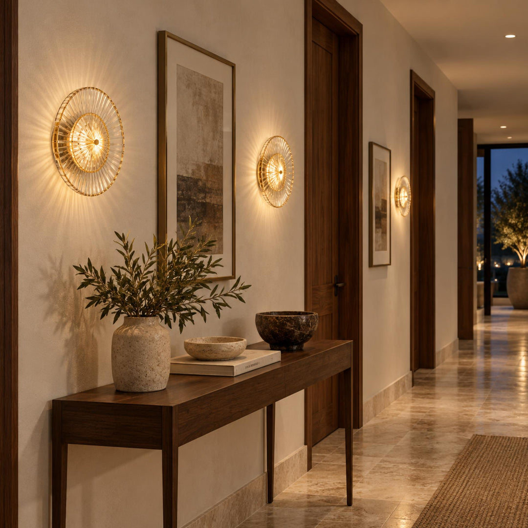 Layered Fluted Glass LED Wall Sconce – Brass Interior Wall Light