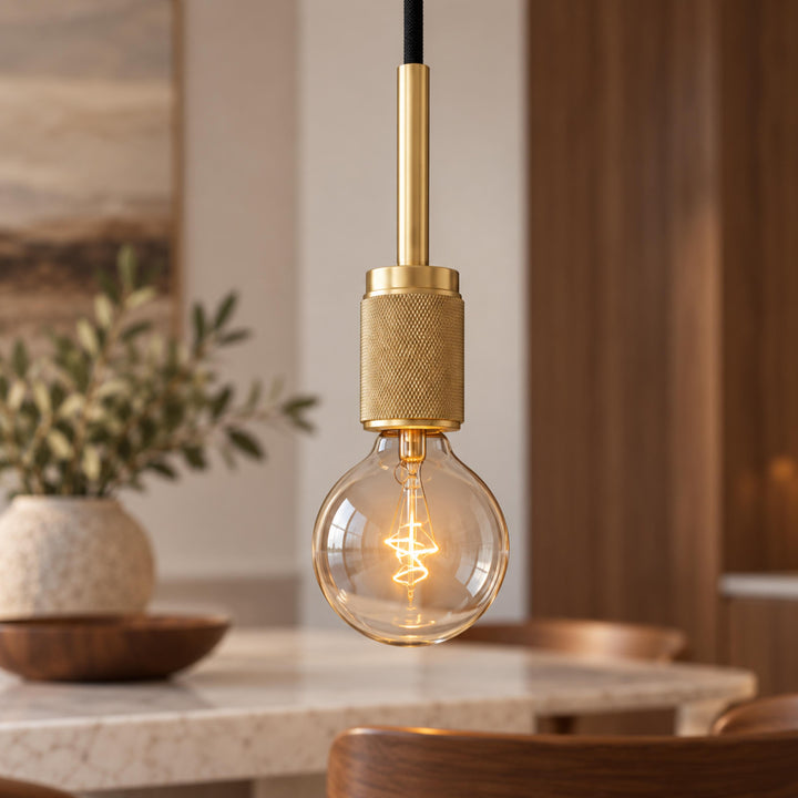 Modern Brass Pendant Light with Exposed E27 Bulb – Minimalist Ceiling Light