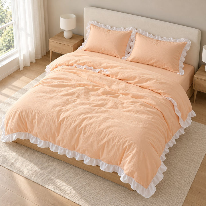 Modern Crumpled Ruffle Bedding Set Duvet Cover and Flat Sheet Polyester Soft Texture