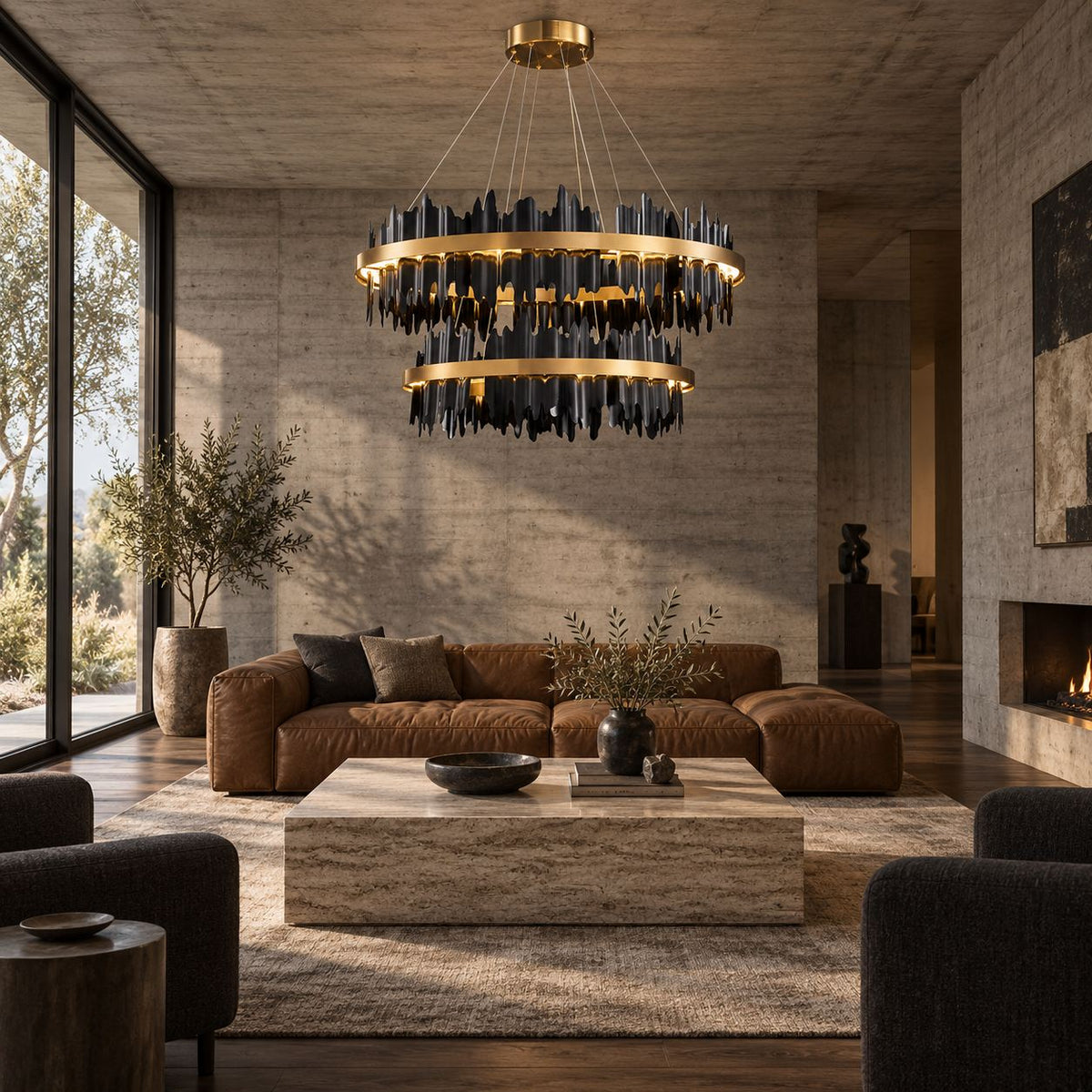 Modern Chandelier Adjustable Height Metal LED Dimmable Black Gold Finish Hanging Light Fixture