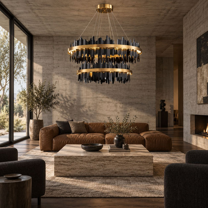 Modern Chandelier Adjustable Height Metal LED Dimmable Black Gold Finish Hanging Light Fixture